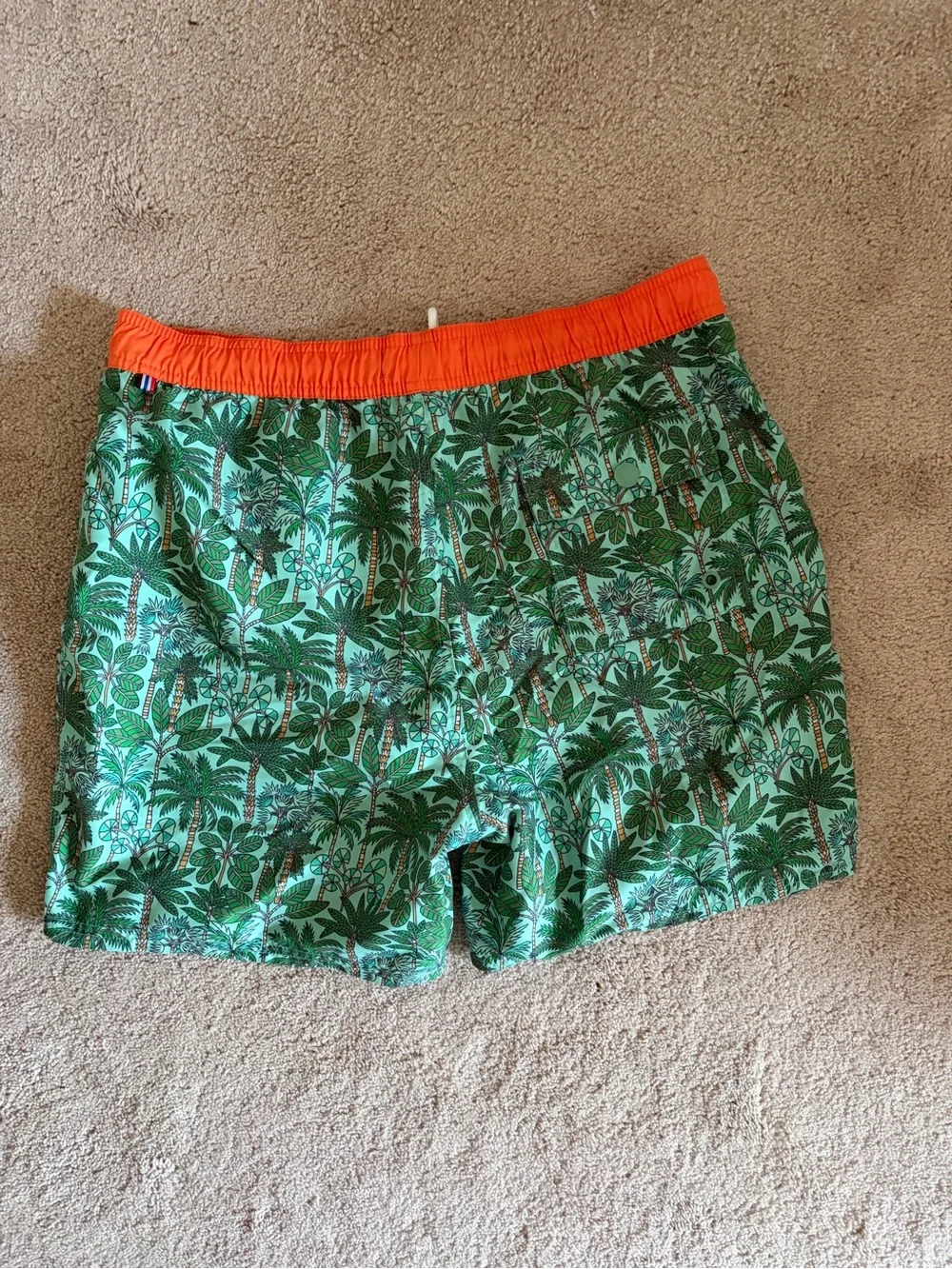 Boden Green Tropical Print Swim Trunks with Orange Waistband
